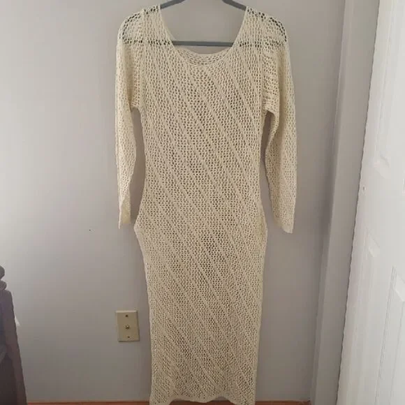 Elegant Cream Knit Dress Open Crochet Maxi With Slit Swim Cover Up - Picture 1 of 4